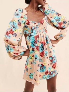 AFRM NWT Anita floral babydoll mini dress cutouts balloon sleeve satin sz m